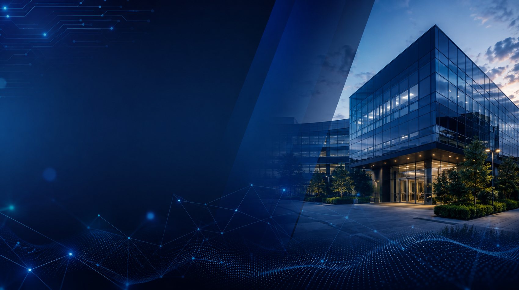 Sede corporativa da LCS Informática ao anoitecer