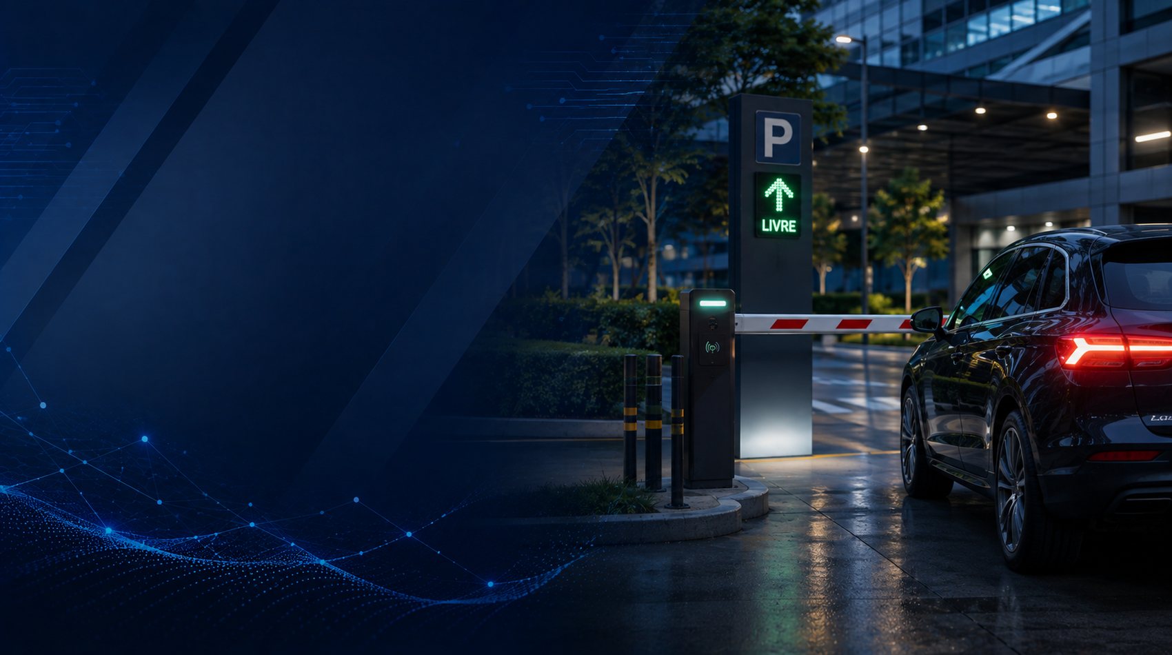 Cancela e totem de controle de acesso veicular