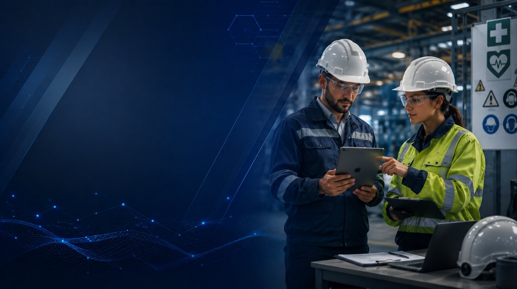 Técnicos de segurança do trabalho em inspeção com tablet